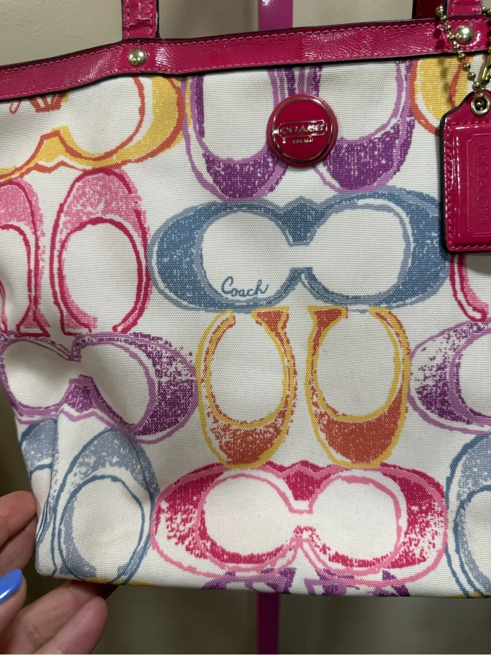Coach Multicolor Signature Tote with Pink Trim and Handles